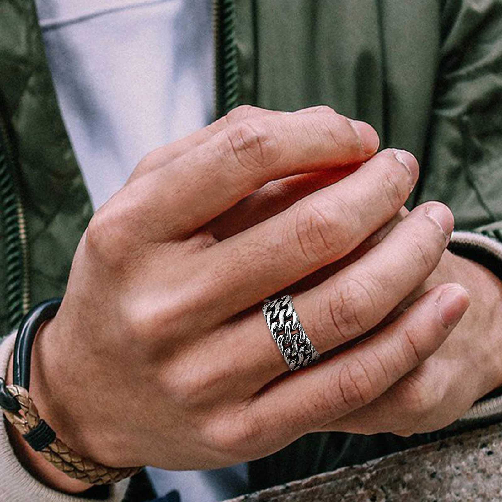 Vnox Dual Cuban Chain Ring for Men10mm Stainless Steel Retro Finger Band Black Metal Hollow Punk Vintage Ring J251020