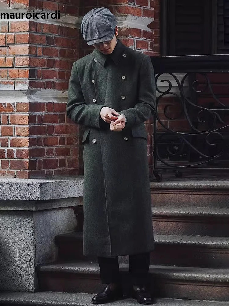 Mauroicardi Autumn Winter Long Warm Green Polo Coat Men Double Breasted Cool Elegant England Style Wool Blends Overcoat 251028