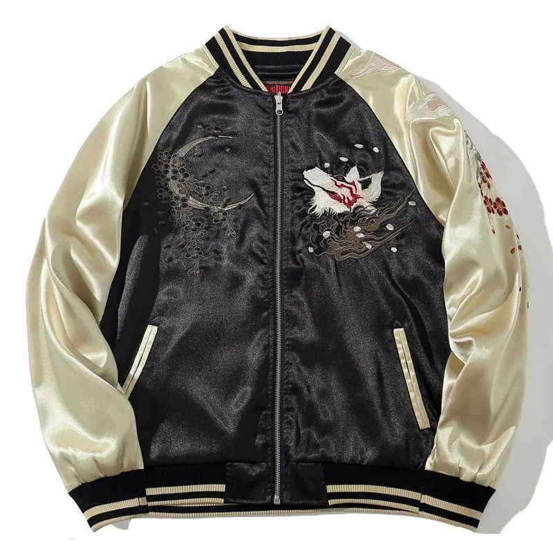 New Men High Street Sukajan Souvenir Jacket Nine Tailed Fox Peony Embroidered Pilot Bomber Letterman Varsity Award Vintage T251020