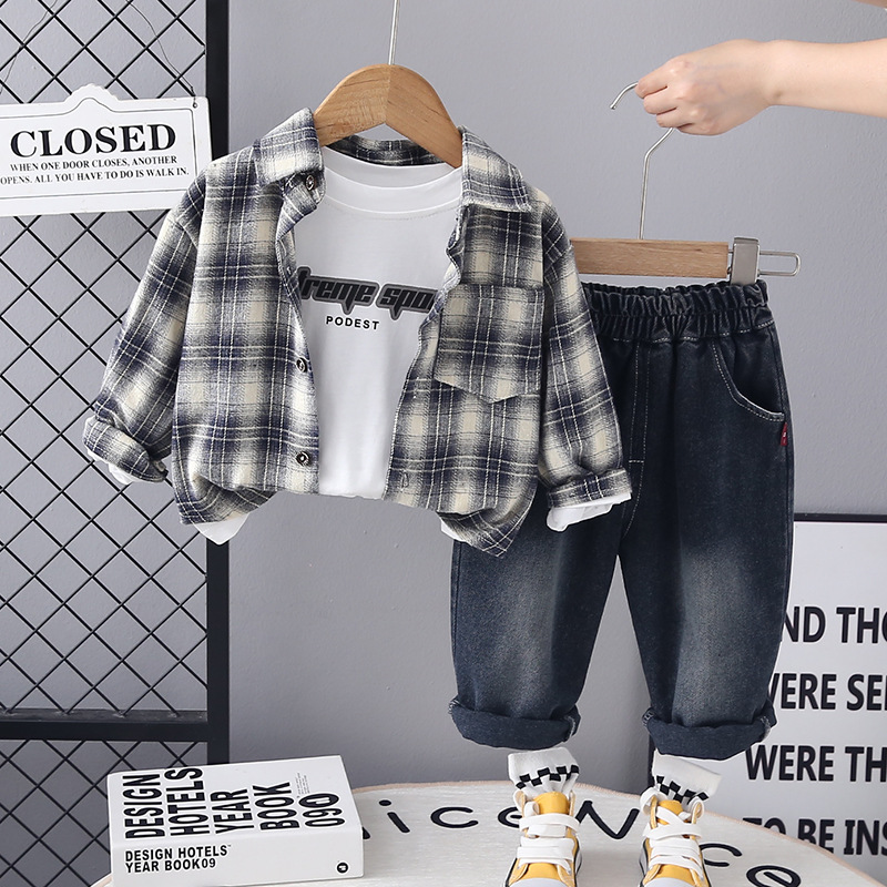 2025 new hot selling western-style checkered shirt, handsome and fashionable casual pants for little boys, three piece set for boys, free shipping des
