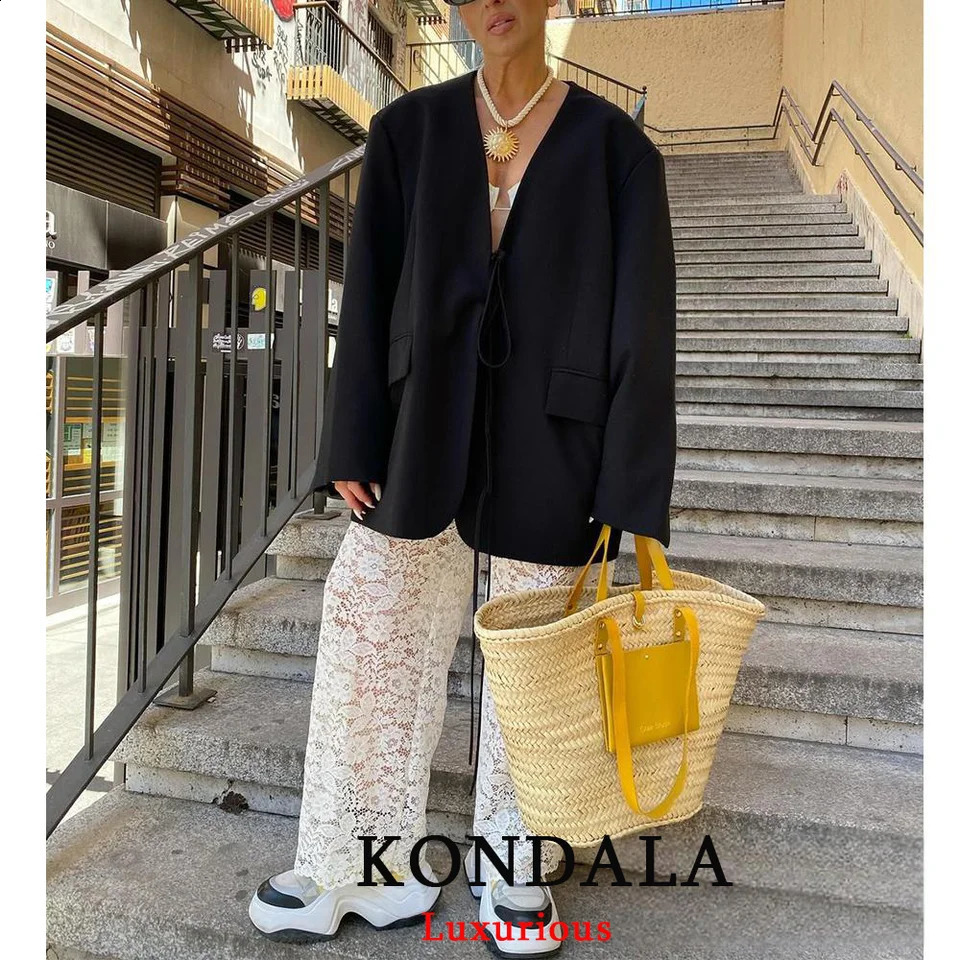 KONDALA Casual Oversized Black Blazer Women V Neck Bow Tie Pockets Loose Jackets Fashion Fall Streetwear Outwears 251106