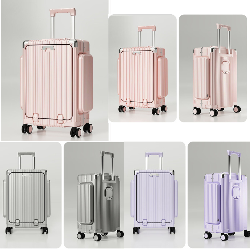 20/24 Inch Front - Opening Wide Handle Luggage, USB Charging & Silent Wheels, Multi - Compartment PC Travel Suitcase (Silver/White/Black) for Business