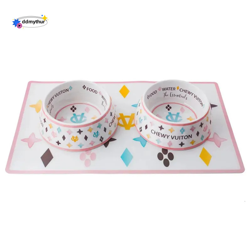 Pet Food Water Bowl Set with Mat - Anti-Slip Melamine Feeding Dish for Cats and Dogs, Wide Base ddmythur