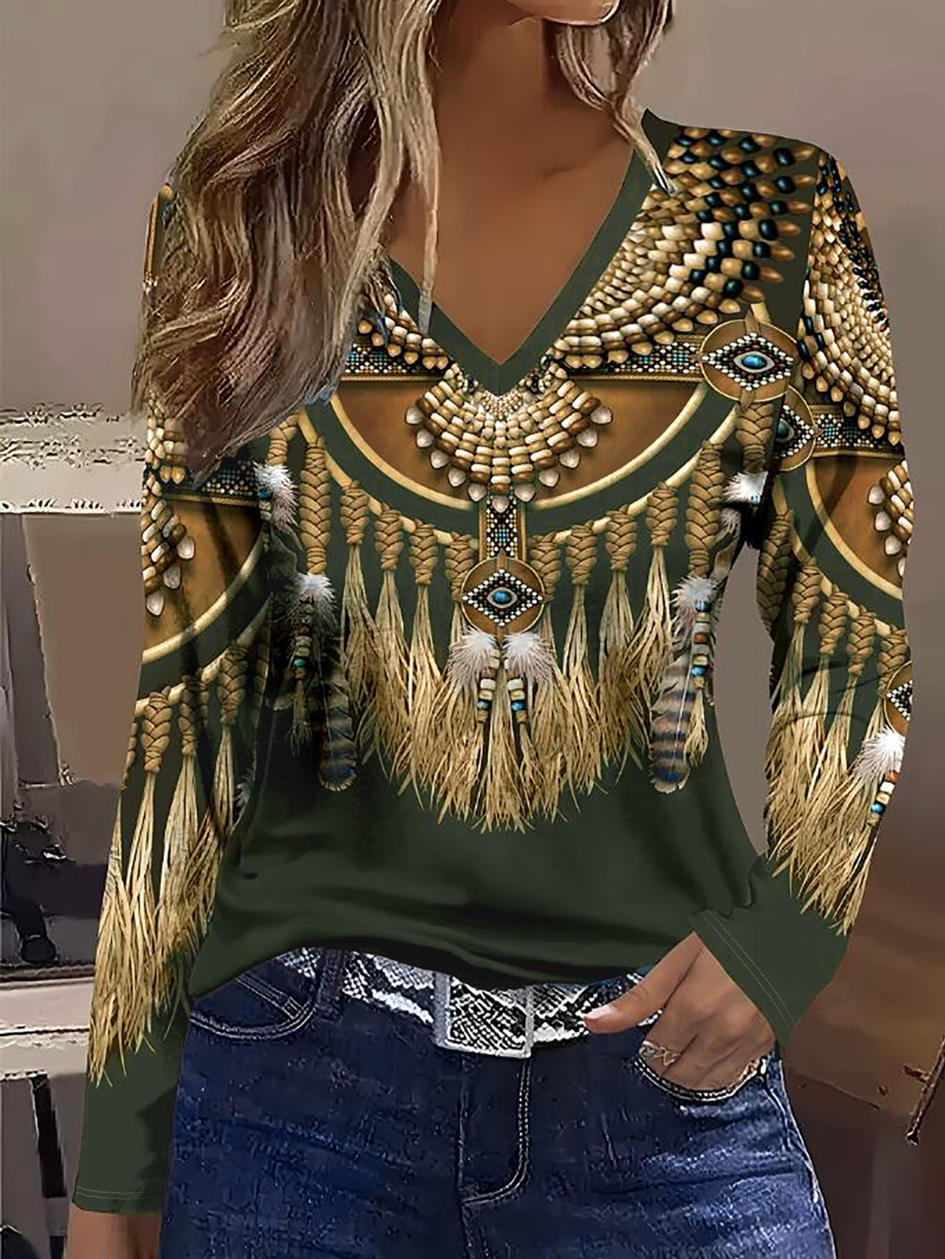 Women's Autumn & Winter Retro Ethnic Style V - Neck Long Sleeve Top, Casual Milk Silk Blouse-CF40221