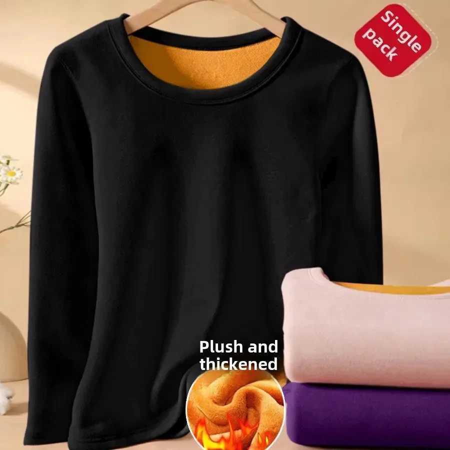 Thermal Underwear Womens AutumnWinter Round Neck FleeceLined TShirt Base Layer Top Thickened Inner Solid Warm BraT251020