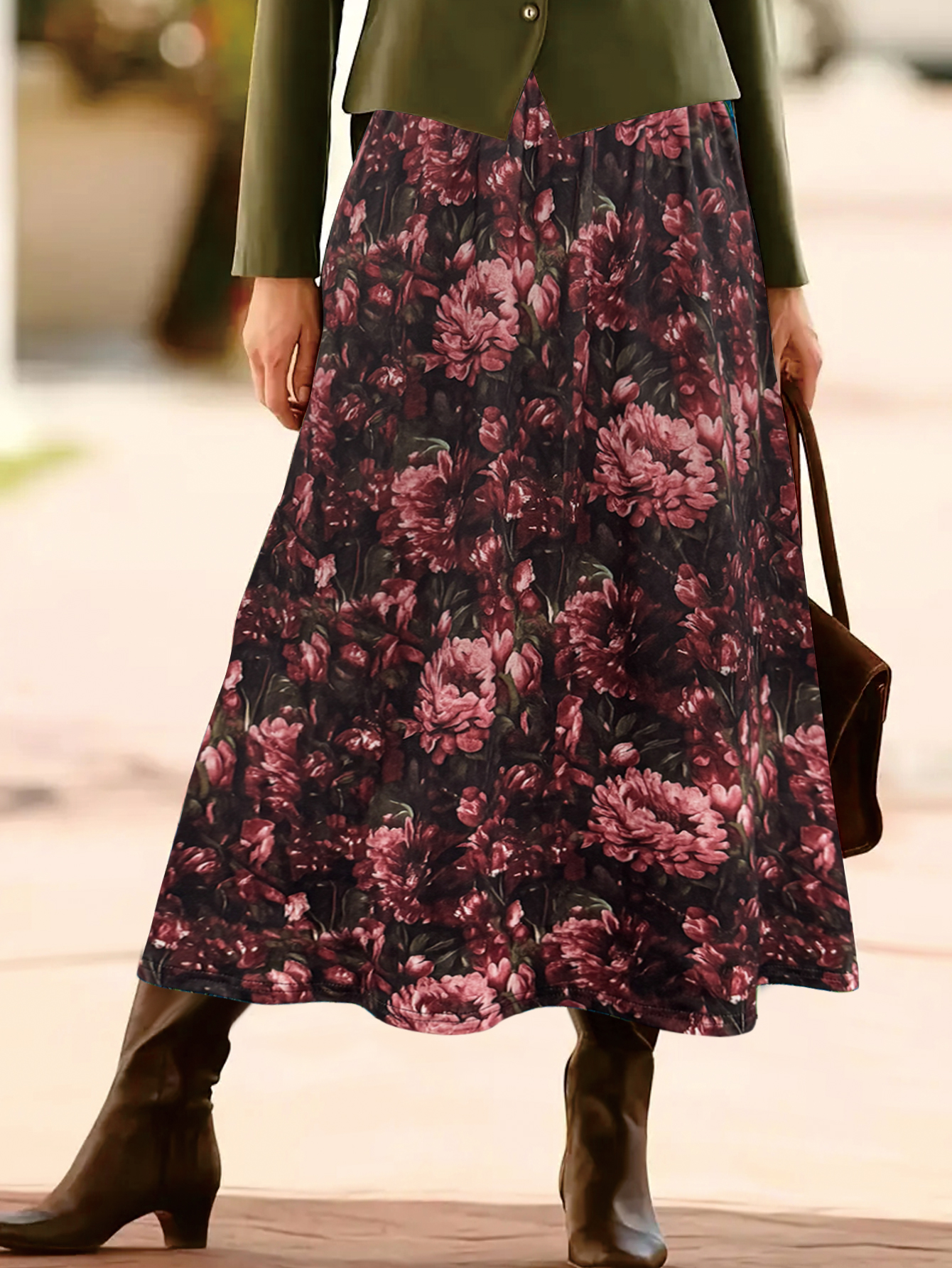 Women's Autumn & Winter New Retro Elegant Floral Printed Midi Skirt, Casual Commute & Dating Milk Silk Skir-CF56374