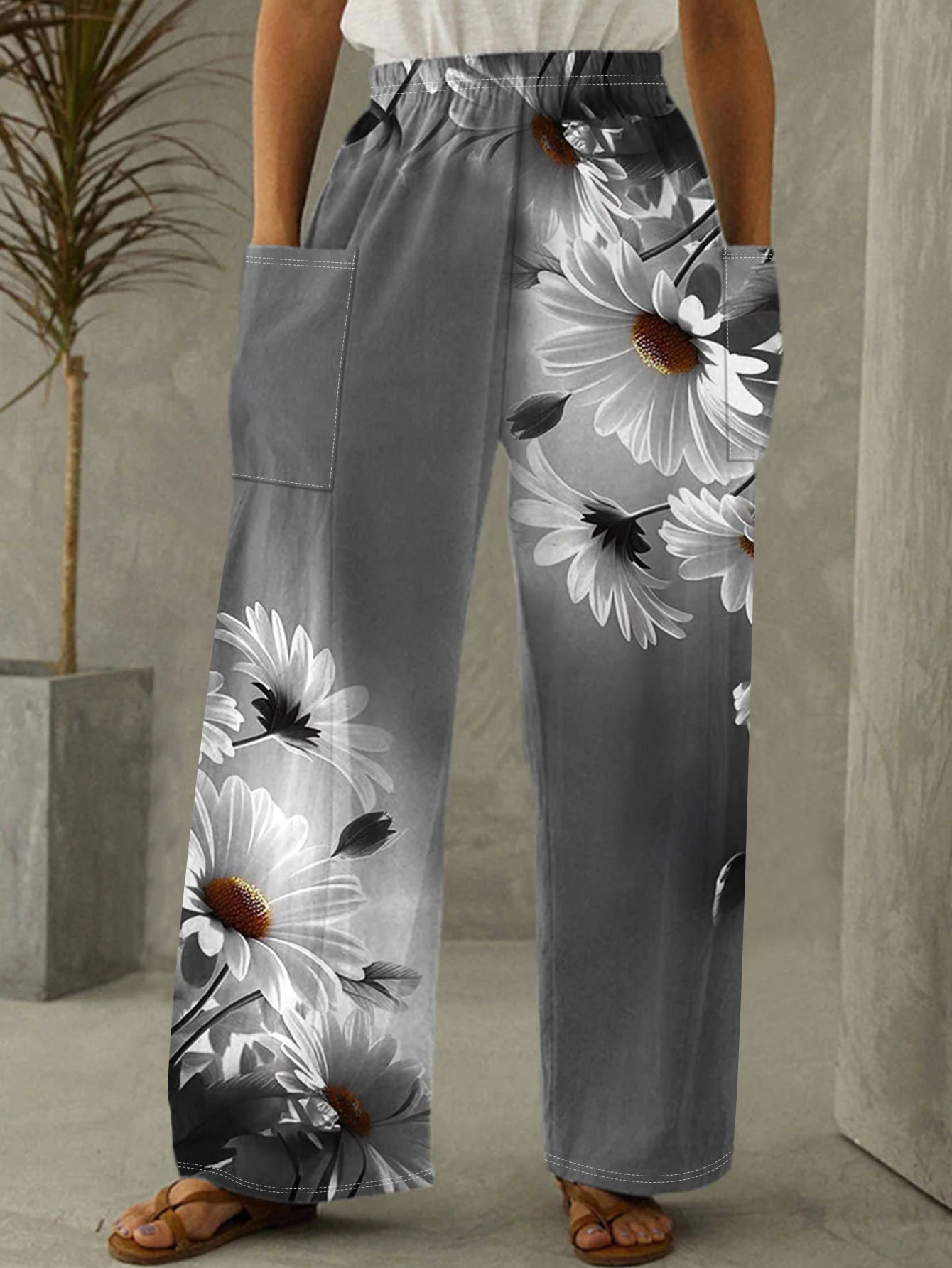 Women's Autumn & Winter New Fashion Floral Printed Casual Pants with Pockets, Milk Silk Elegant Wide-Leg Trousers -CF43761