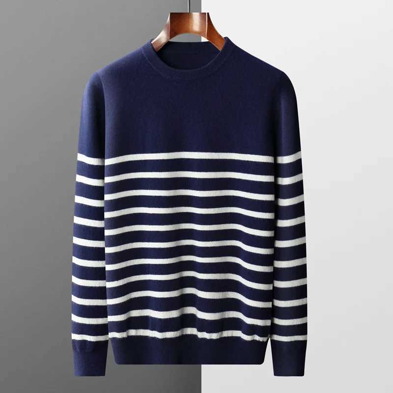 New 100 Merino Wool Knitted Pullover 2025Autumn Man O-Neck Striped Thick Sweater Fashion Loose Joker Youth Tops Warm Base ShirtT251103