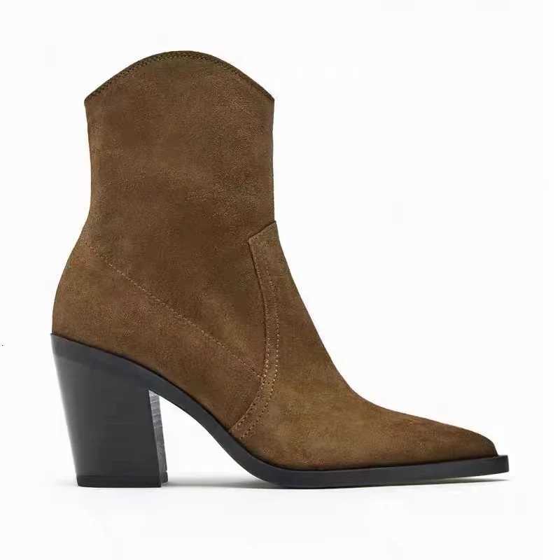 Womens Brown Suede Ankle Boots Pointed Toe Block Heel Side Zipper Wern Style Stylish Comfortable AutumnWinterXJ251020 - view 3