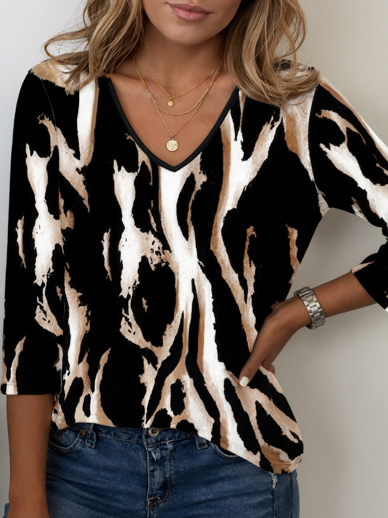 Women's Autumn New All - Over Printed V - Neck Long Sleeve T - Shirt, Fashion Elegant Milk Silk Plus Size Top-YL25423