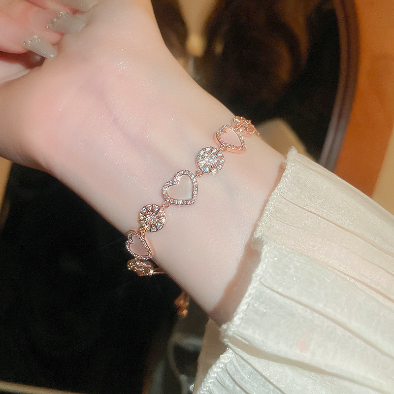 Real Plated Romantic Rose Gold Zircon Ins Style Suower Heart Bracelet Sweet Accessories New Women - view 4