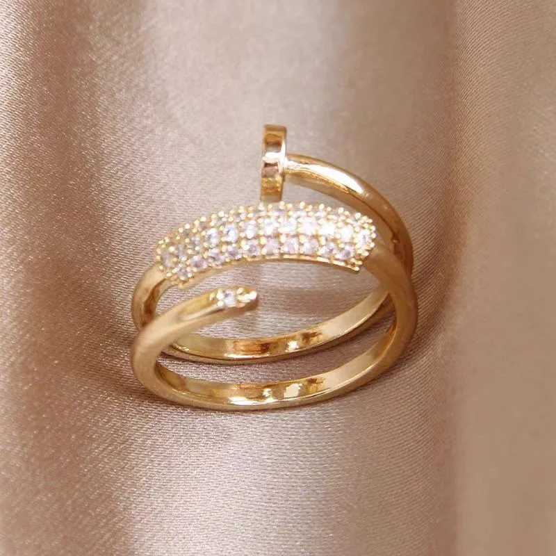 Micro inlaid zircon three circle nail opening ring personalized light luxury ring for women light luxury jewelry J251020