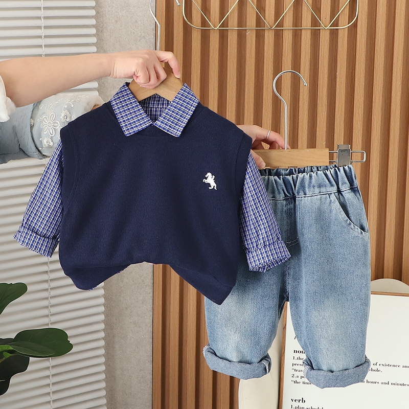 2025 New Hot selling Spring Clothing New Fashionable Baby Vest Small Grid Three piece Set Spring and Autumn Baby Trendy Boys' Set Free Shipping