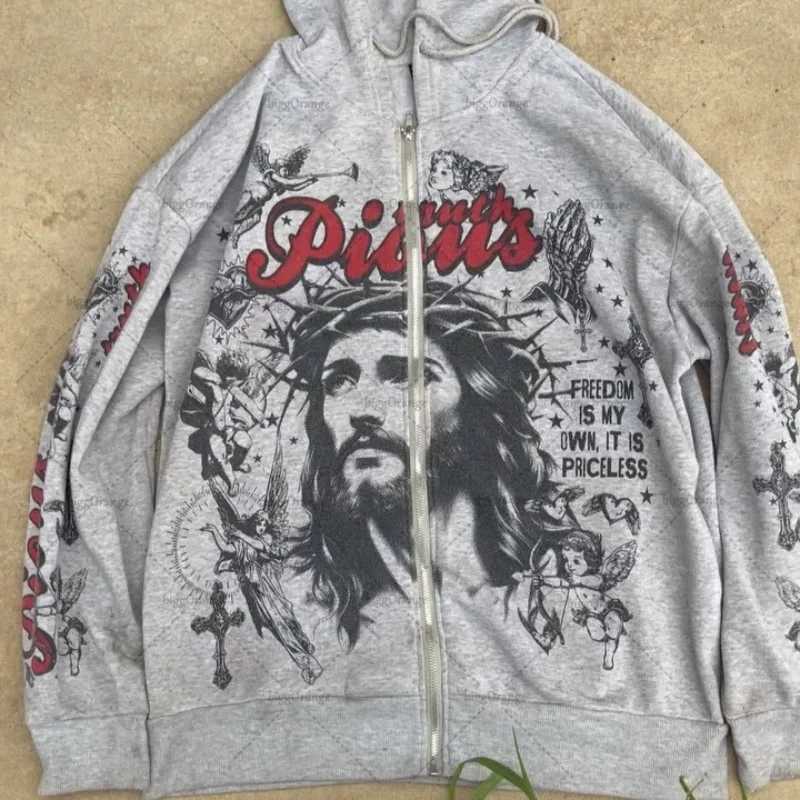 Rock Hiphop Cartoon Letter Print Oversized Zipper Hoodie Women Y2K New High Street Harajuku Vintage Casual Loose Sweatshirt Men W251020