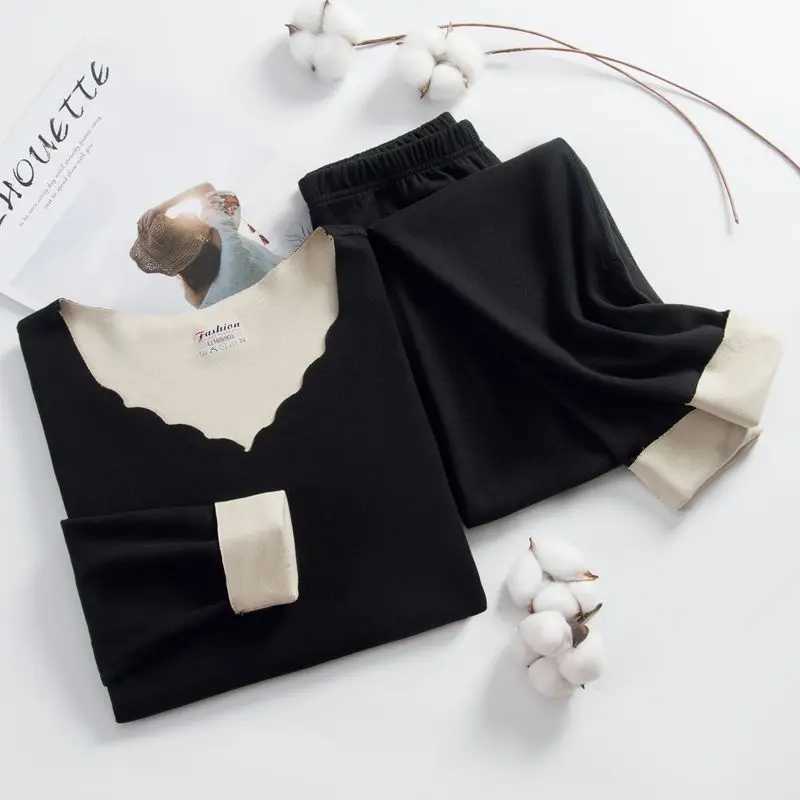 Women Thermal Underwear Winter Long Sleeve Bottoming Flower Vneck Tops Pants Long Johns Solid Soft High Waist Thermal ClothingT251020