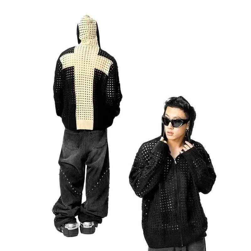 European and American fashion high street cutout colorblocked men hoodies Goth Harajuku loose clothing couple casual sportswear W251020