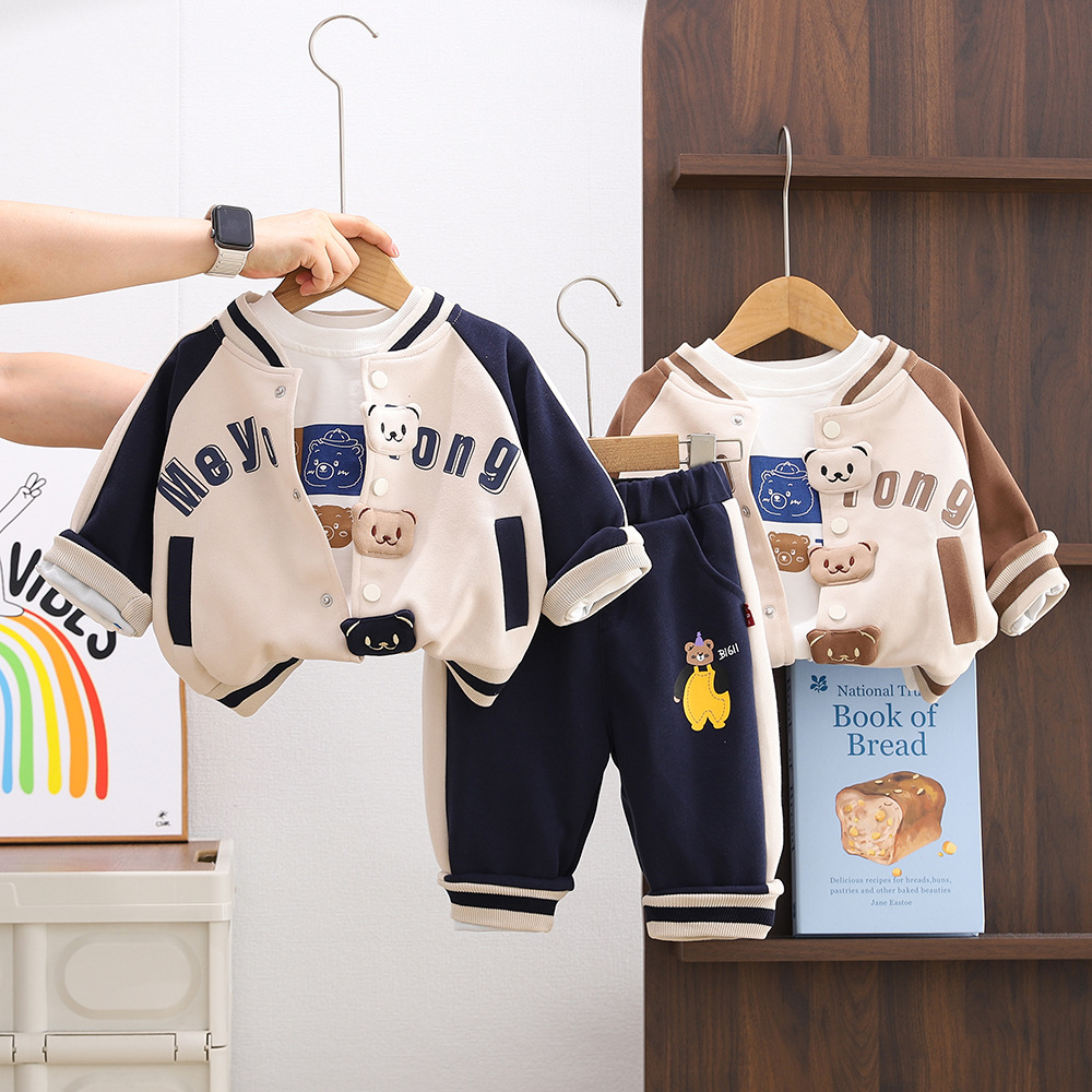 2025 New Hot Selling Baby Children's Clothing Spring and Autumn Sports Clothes, Stylish Boys' Three Bears Baseball Jacket Set, Free Shipping