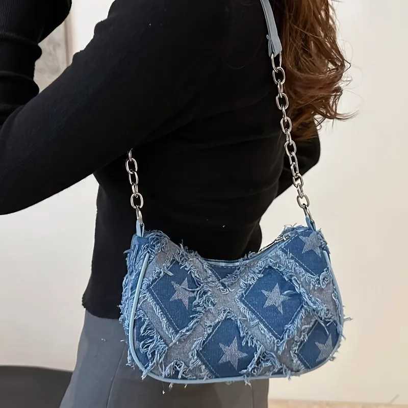 Womens Tote Bag with Star Pattern Blue Distressed Design GoldenTone Hardware Stylish Handbag Shoulder Bag for Everyday UseT251020