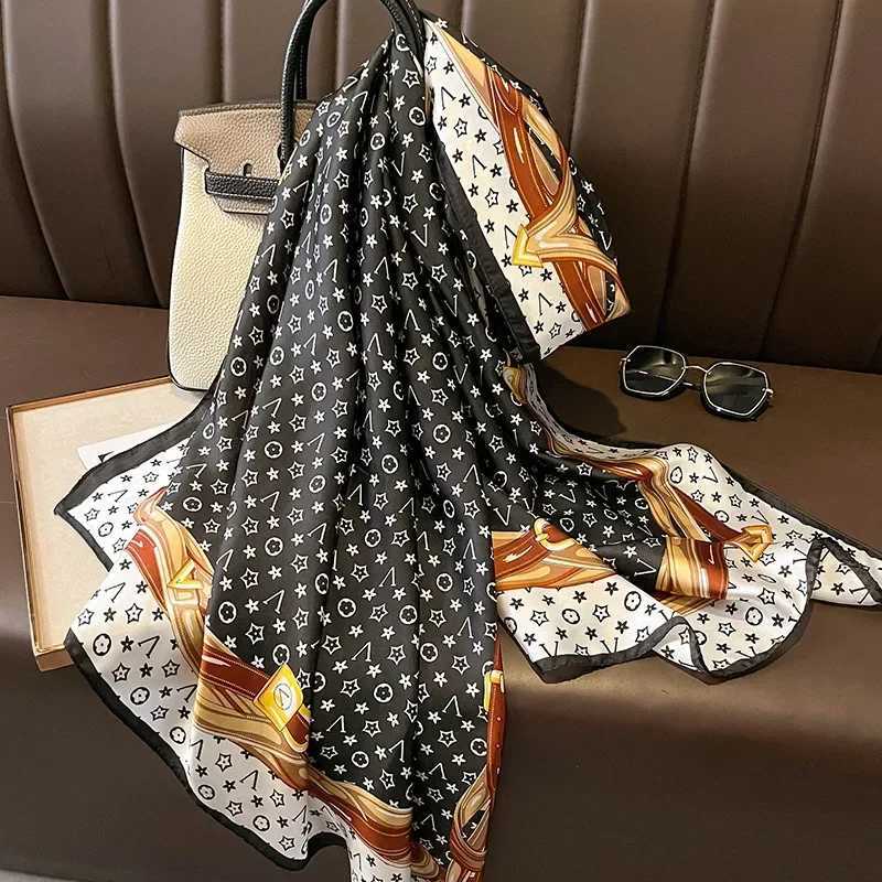 180X86CM New Popular Print Bandannas Silk Scarves Four Seasons Satin Beach Sun protection Towel Fashion Flower Long ShawlsL251020