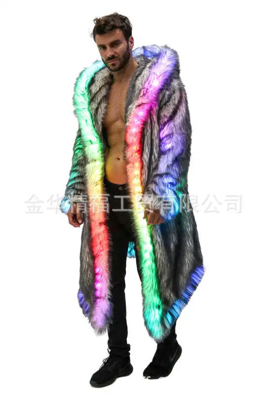 Faux Fur Coat Men Hooded Outerwear Comfortable Thick Winter Warm Long Jacket LED Stage Dance Party Cosplay Costume Overcoat 251018