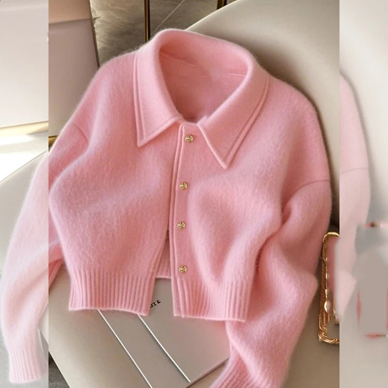Pink Short Sweater Coat Womens Winter Highgrade Soft Waxy Cardigan Jackets Top Longsleeved Loose Elegant Knitted Outwear 251015