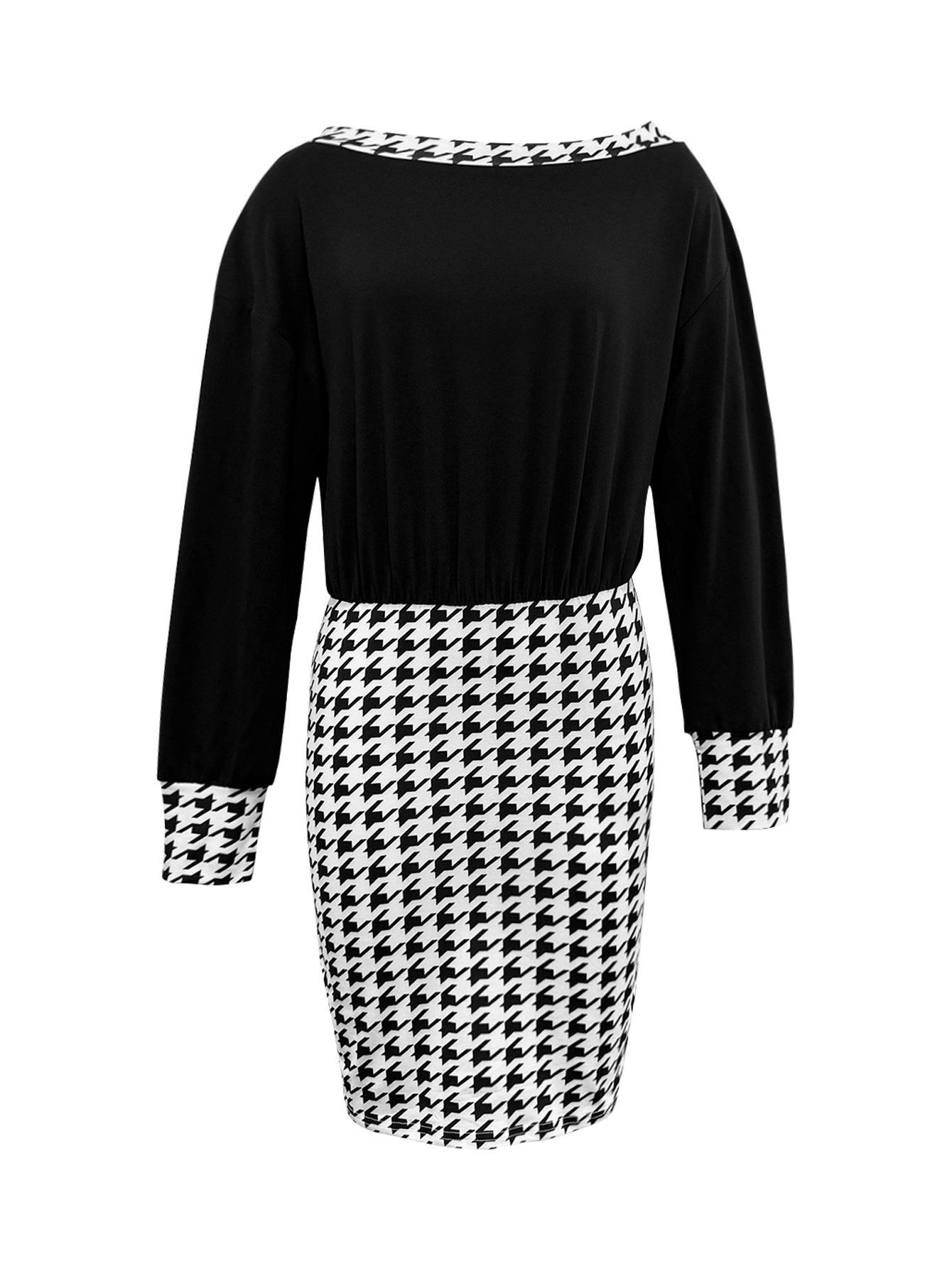 Women's Autumn & Winter New Houndstooth Print Off - Shoulder Dress, Fashion Commute Milk Silk Midi Dress-CF55167