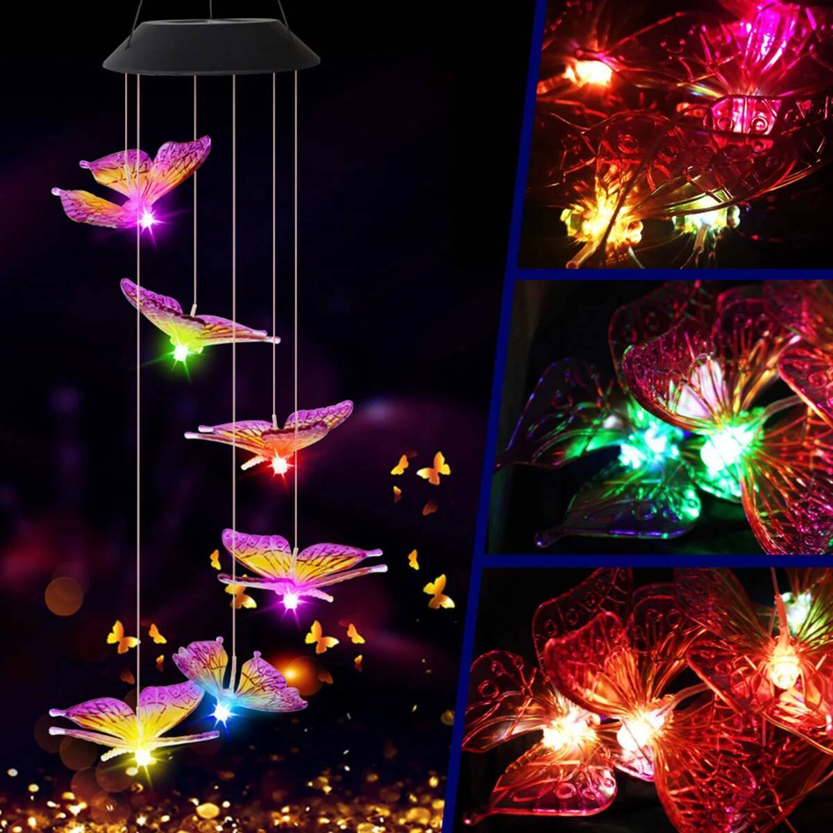 Butterfly Solar Wind Chime 120mAh Multicolor Light Waterproof Chandelier with Bell for Garden Home Yard Lawn Decoration ddmysept