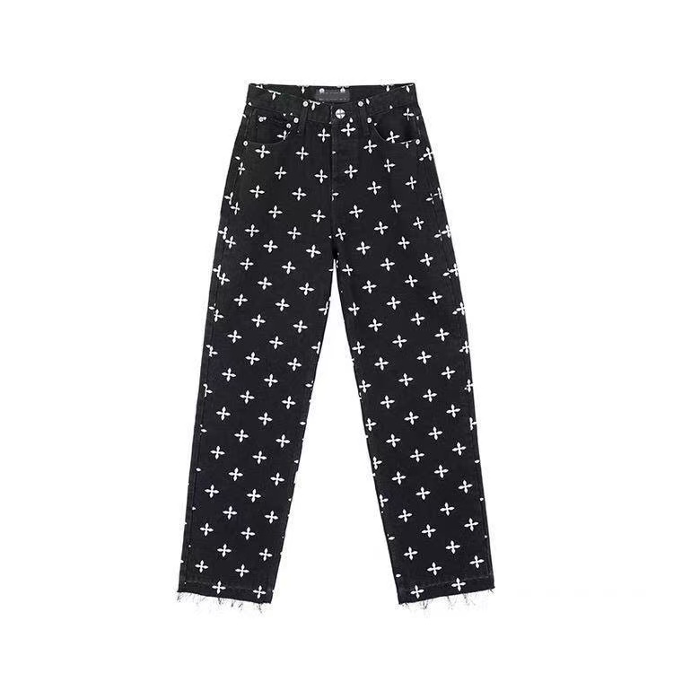 Women's High-Waisted Black Jeans with Cross Pattern - Fashionable, Loose, Slimming Straight-Leg Pants for Spring, Autumn and Winter Z260313