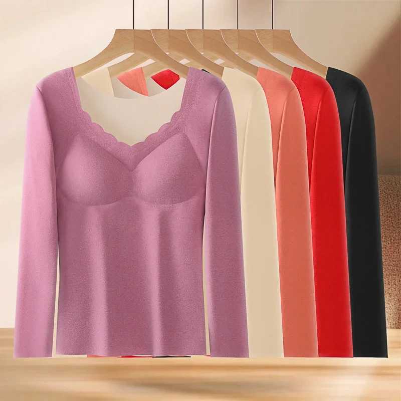 New Women Fall Thermal Top With Bra Long Sleeve Solid Low neckline Slim Tops Autumn And Winter For Women Design senseT251020
