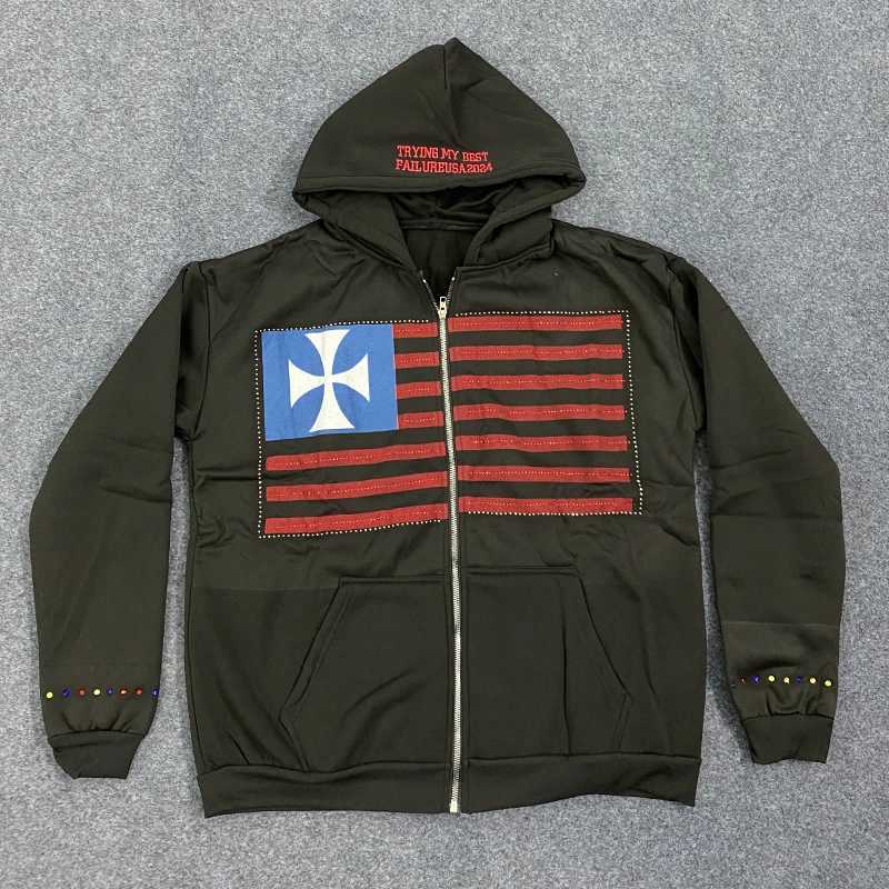 Y2K European American Fashion Flag Printed Aesthetics Long Sleeve Zipper Color Rhinestones Top Loose Casual Design Women Hoodie W251020