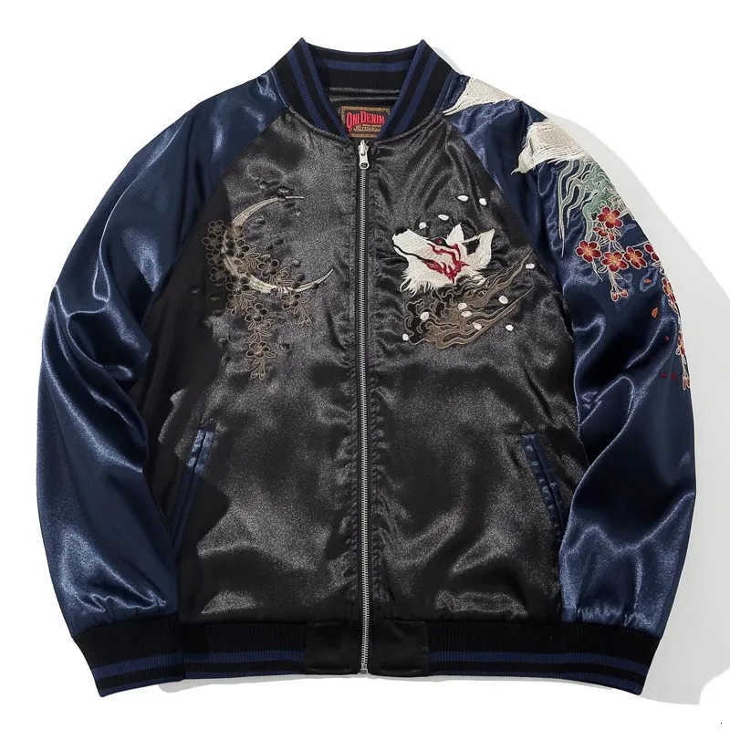 New Men High Street Sukajan Souvenir Jacket Nine Tailed Fox Peony Embroidered Pilot Bomber Letterman Varsity Award Vintage T251020