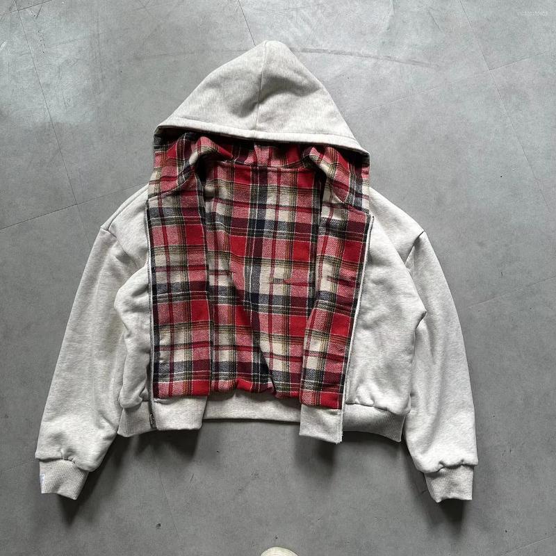 Men's Hoodies Grey Casual Spring Oversized Reversible Women Men Streetwear Clothes Hoodie With Plaid Lining Sweatshirt Tops