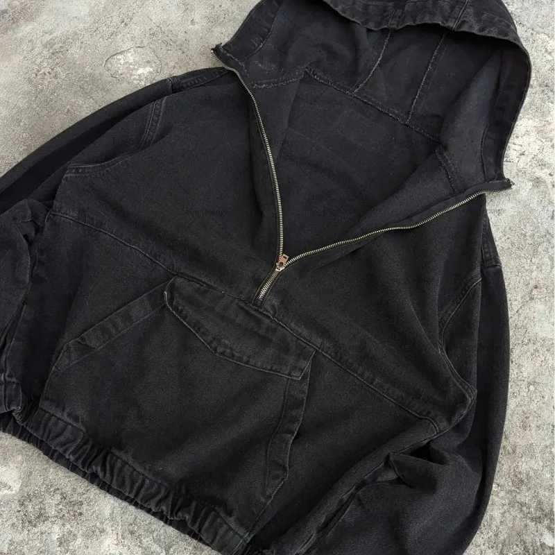 American Hiphop Rock Retro Zipper Splicing Hoodie Men Y2k Harajuku Gothic Street Brand Casual Oversized Sweatshirt Women W251020