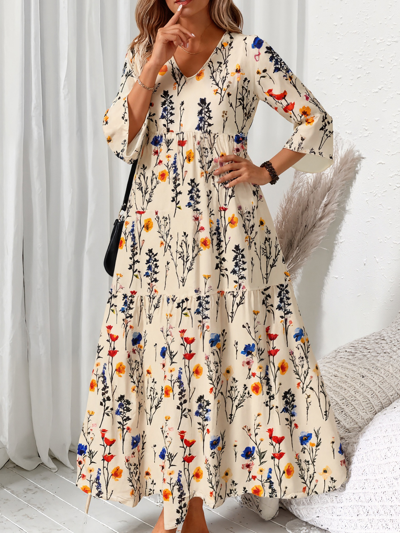 Women's Autumn & Winter New Floral Printed V - Neck Midi Dress, Casual Vacation & Commute Milk Silk Dress for Mom-CF55109