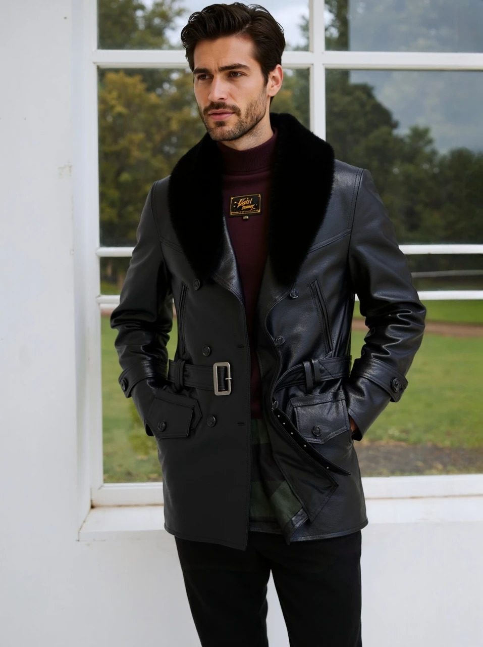 Men's Trench Coats Mid to long mens windbreaker with fur collar top layer cowhide genuine leather casual autumn and winter jacket 251014