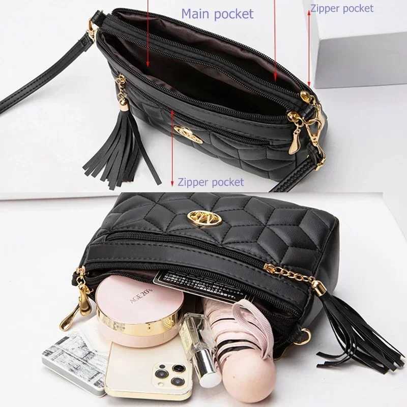 Double Zipper Crossbody Bag 2024 New Fashion PU Diamond Lattice Shoulder Bag Tassel Decoration More Zipper Pocket Large CapacityT251020