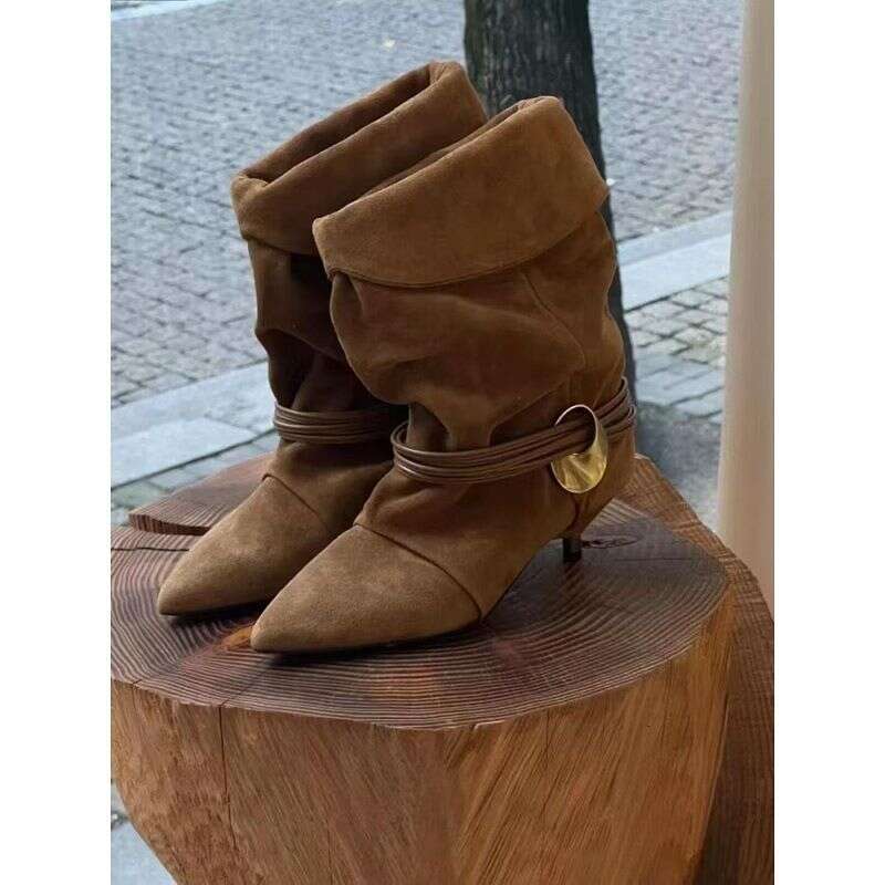 Sheepskin Niche Cat Heel Genuine Leather Western For Women Folded Pile Autumn Winter New Fashionable Versatile Short