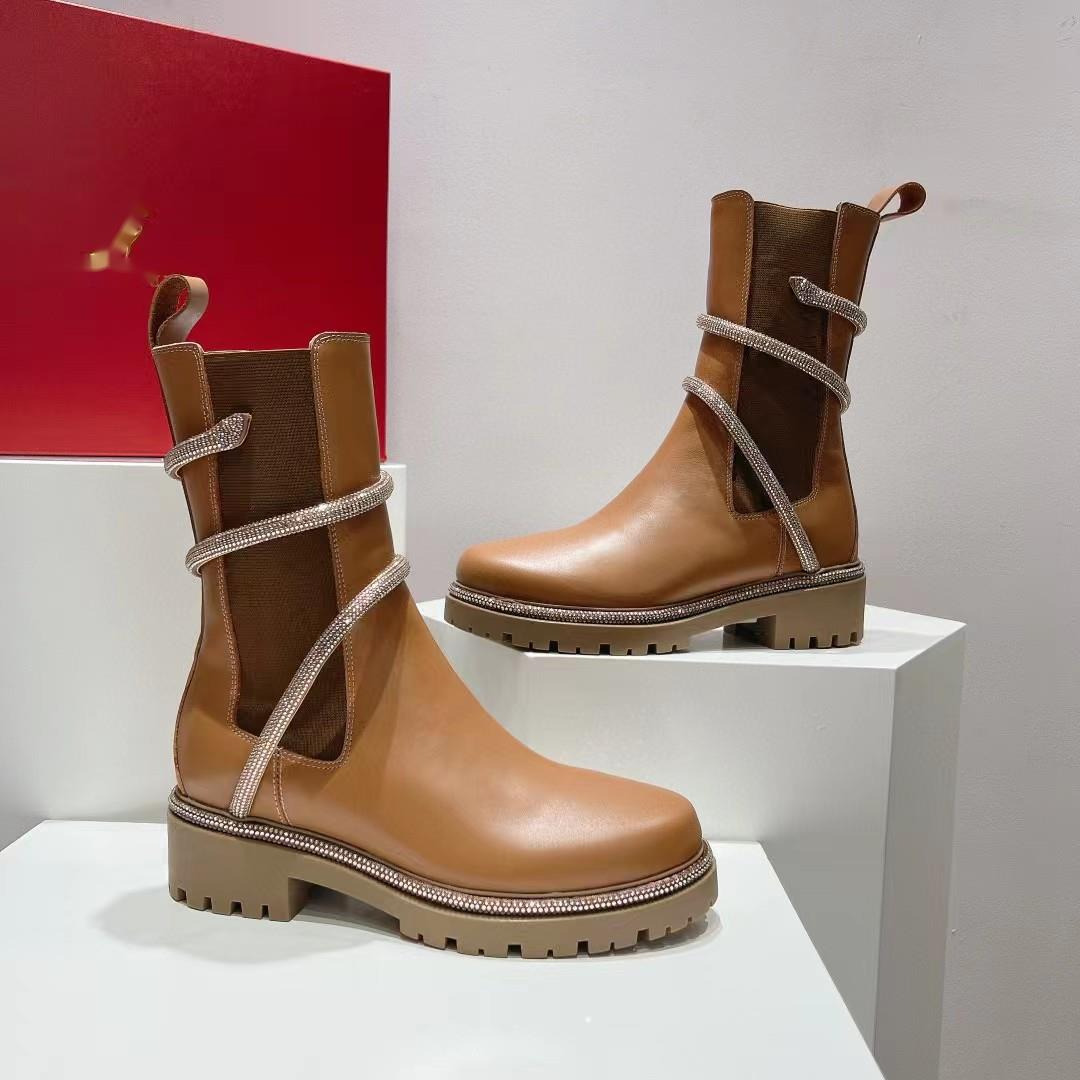 Boots Fashion Martin Boots Women Round Head Genuine Leather Panel Elastic Fabric Crystal Decoration Snake Wrapped Ankle Strap Flat Heel Designer Boot