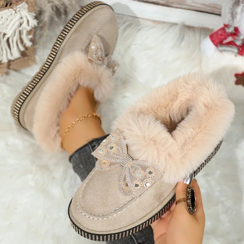 Winter Ankle Boots Womens SlipOn Fur Shoes Diamond Butterfly Knot Snow Boots Platform Pure Color Adult Womens Boots 251013