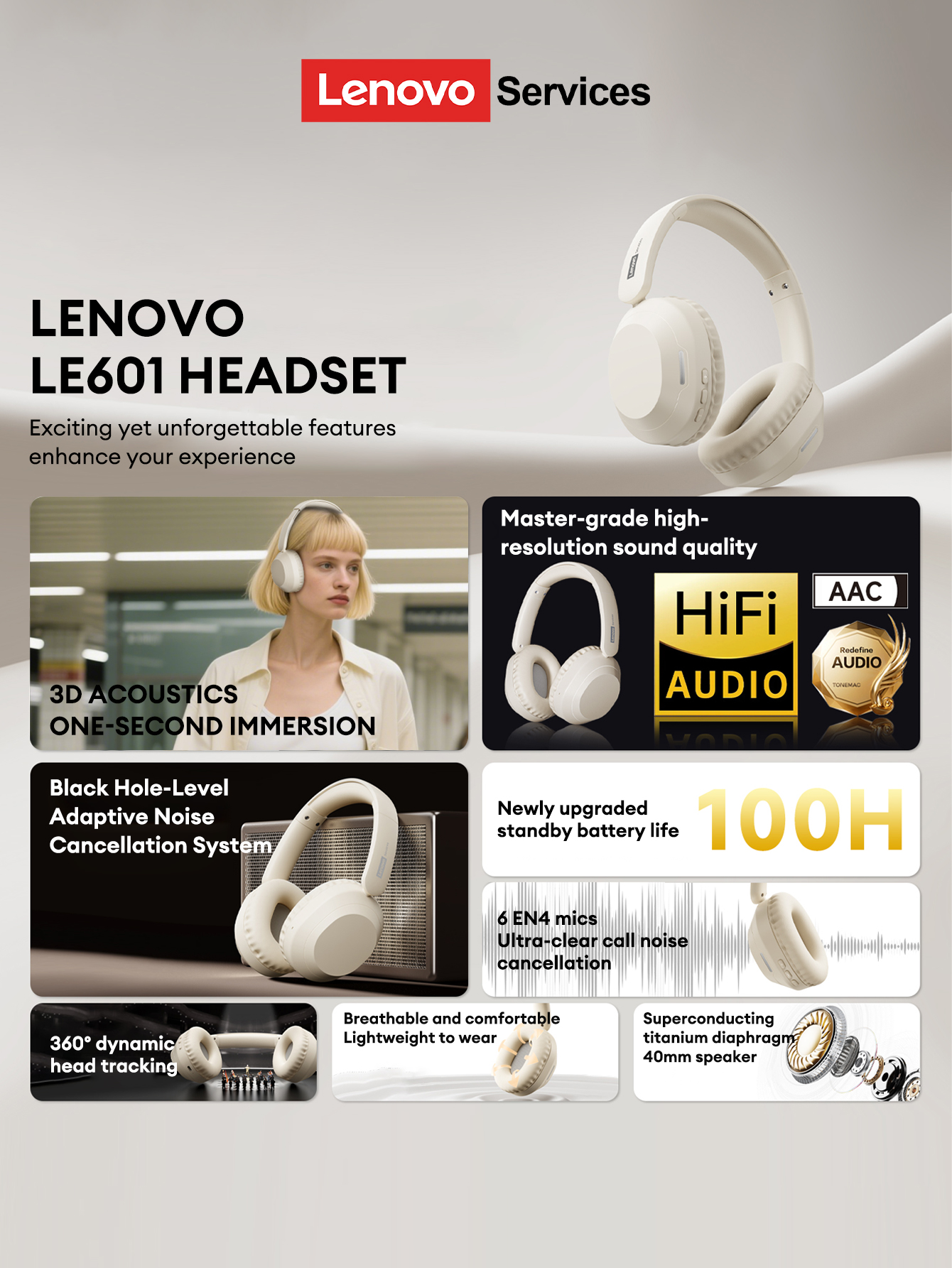 LenovoService Over-Ear Bluetooth 6.0 Wireless Headphones LE601 High-Fidelity Sound Comfortable Noise-Cancelling Gaming-Grade Performance Extra-Long Ba