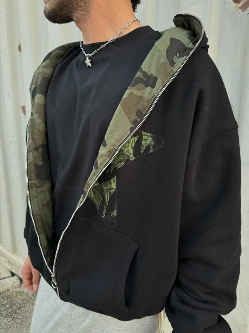 Retro hip hop Y2K camouflage star print design loose men hoodie sweatshirt fashionable high street Gothic punk zipper hoodie W251020