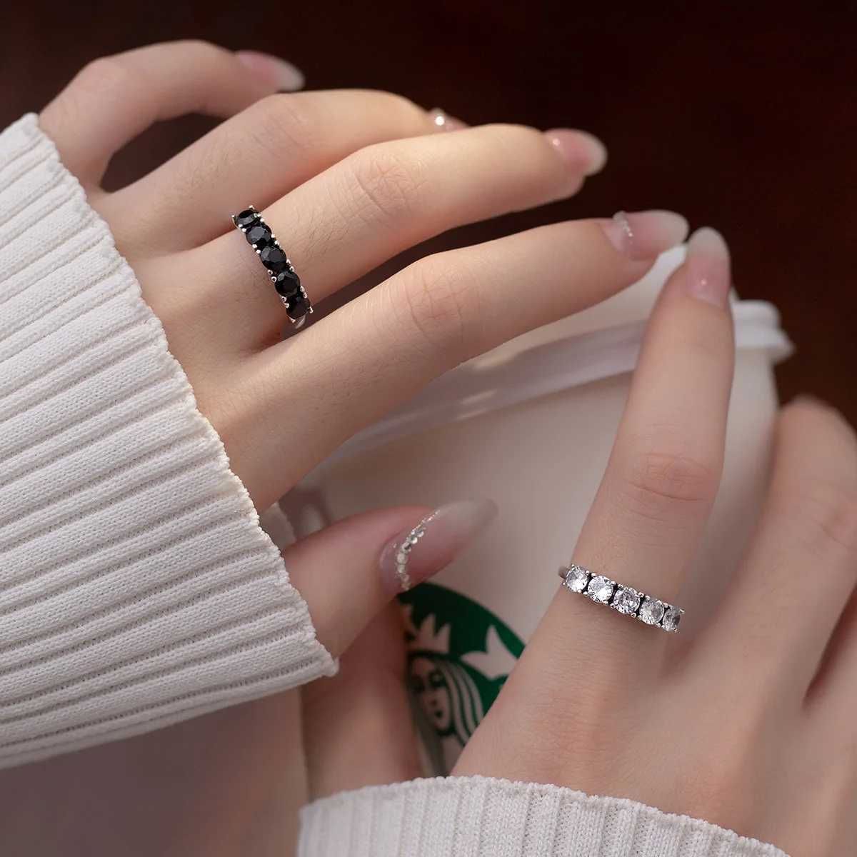 925 Sterling Silver Black White Zircon Adjustable Rings For Women Wedding Jewelry Accessories Envo Gratis J251020