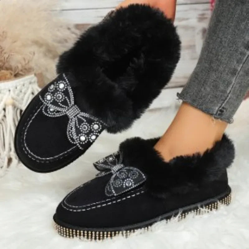 Winter Ankle Boots Womens SlipOn Fur Shoes Diamond Butterfly Knot Snow Boots Platform Pure Color Adult Womens Boots 251013