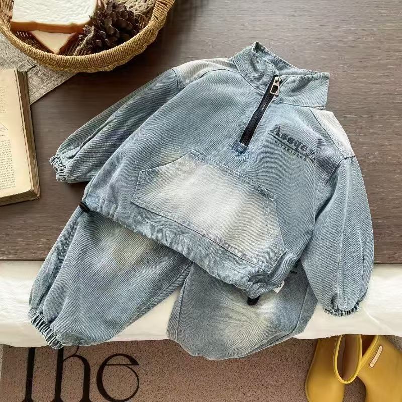 2025 New Hot selling Children's Clothing Autumn Boys' Baby Half Zipper Cowboy Hoodie Set Children's Leisure Sports Two piece Set
