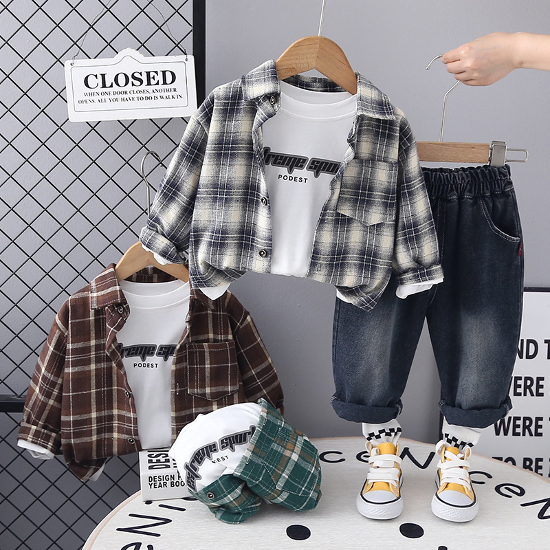 2025 new hot selling western-style checkered shirt, handsome and fashionable casual pants for little boys, three piece set for boys, free shipping des