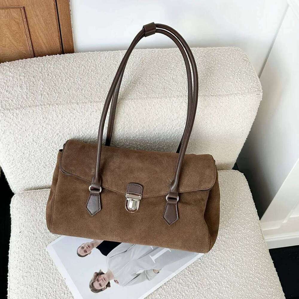 Suede Spliced Cowhide Women's Underarm New Niche Design Vintage Large Capacity Fashionable Handbag Shoulder Bag Suotong251020 Suotong1020