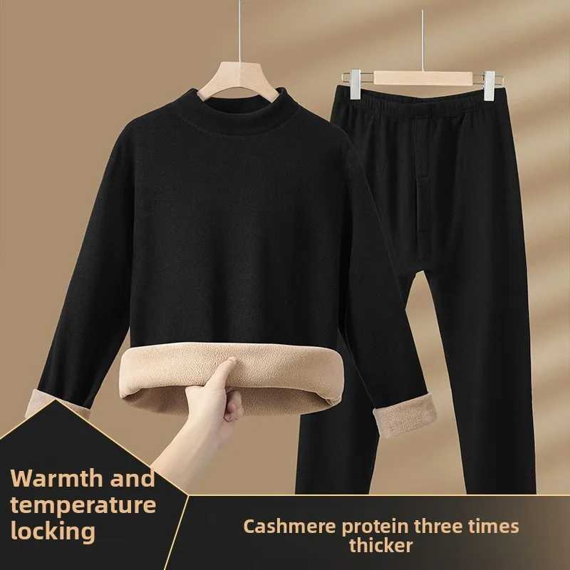 Camel Wool Thermal Underwear Set Women Mid Neck Fleece Lined Thickened Winter Thermal Clothes Pants Outwear Coldproof Plus SizeT251020