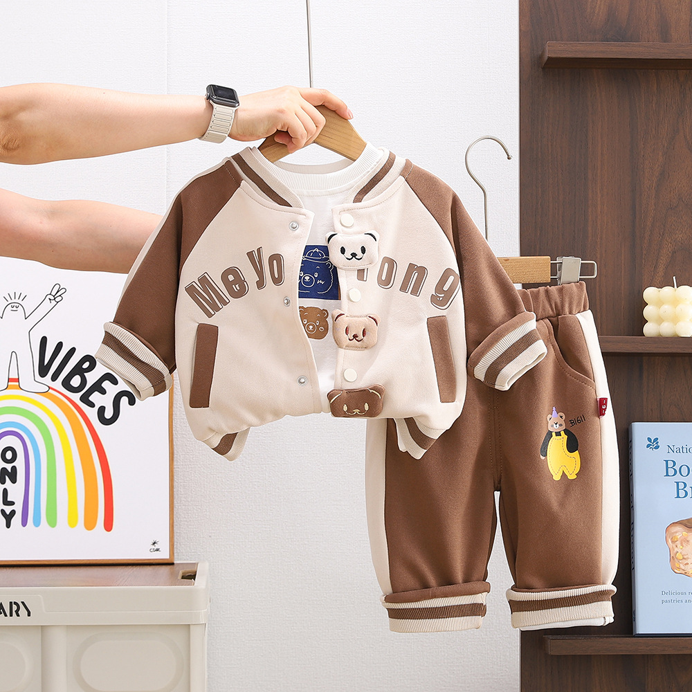 2025 New Hot Selling Baby Children's Clothing Spring and Autumn Sports Clothes, Stylish Boys' Three Bears Baseball Jacket Set, Free Shipping