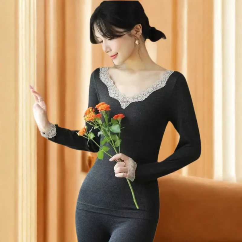 Womens Thermal Underwear Set Winter Clothes For Women Intimates Lingerie Long Johns Seamless Wool Lace Bottoming Shirt LeggingsT251020