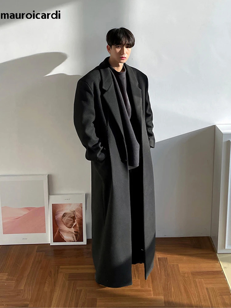 Mauroicardi Autumn Winter Extra Long Warm Black Loose Casual Wool Blends Coat Men Floor Length Overcoat Korean Fashion 251028